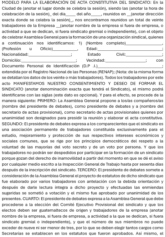 Formato de acta constitutiva del Sindicato. 